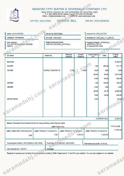 Kenya Nairobi City Water and Sewerage Company utility bill template in Word and PDF formats